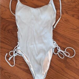 PINK Victoria’s Secret Ribbed Light Blue One Piece Swimsuit Lace Up Sides Sz S